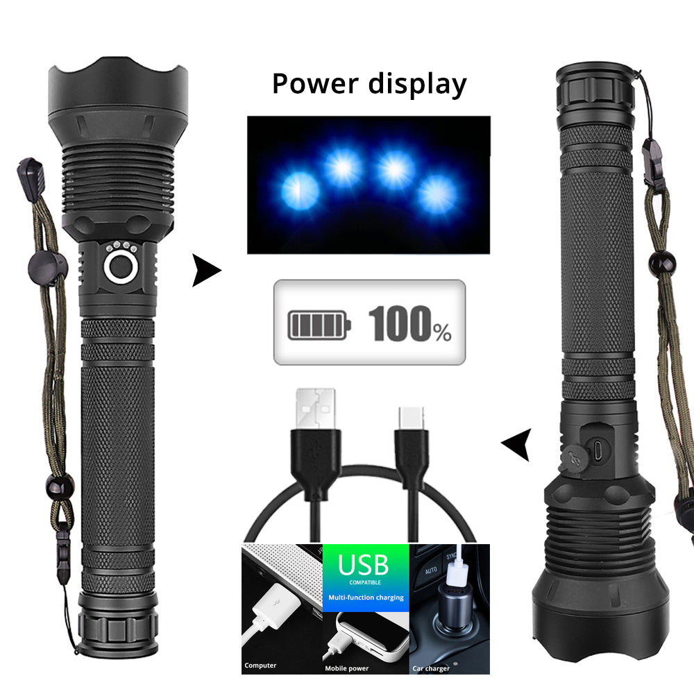 Powerful LED Flashlight with 4 Core P70 Lamp Bead Zoomable 3 Lighting Modes LED Torch Support for Mircro Charging Hunting Lamp