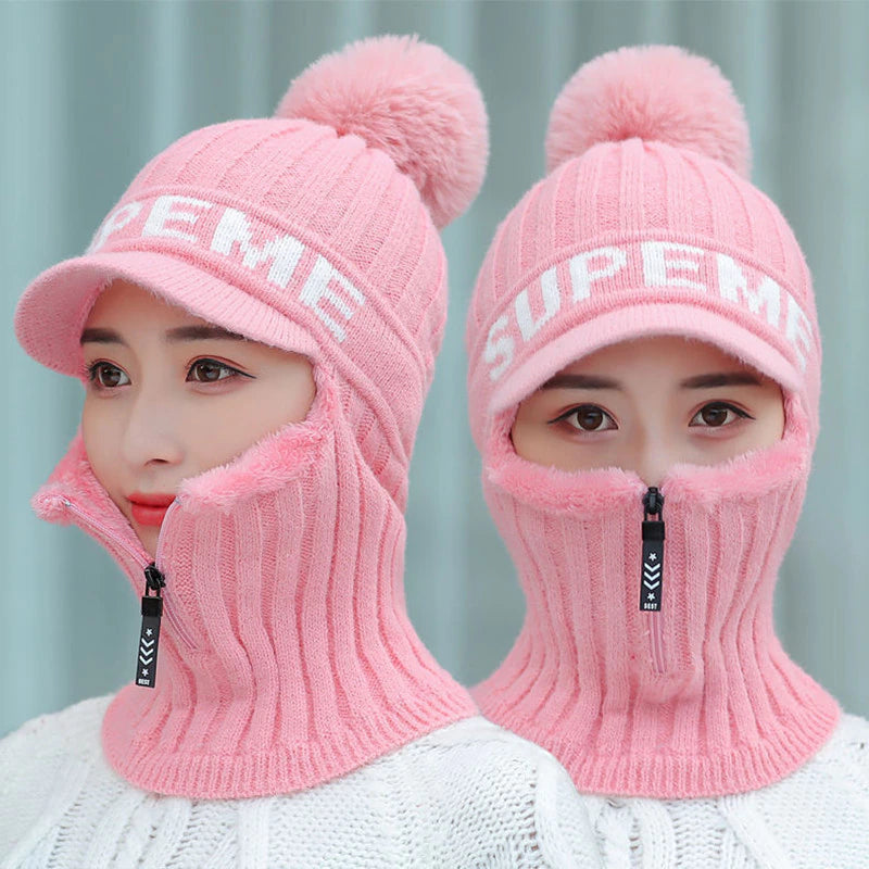 Winter Warm Plus Velvet Padded Head Hat - Thick Warm Women's Letter Knitting Skullies Cap