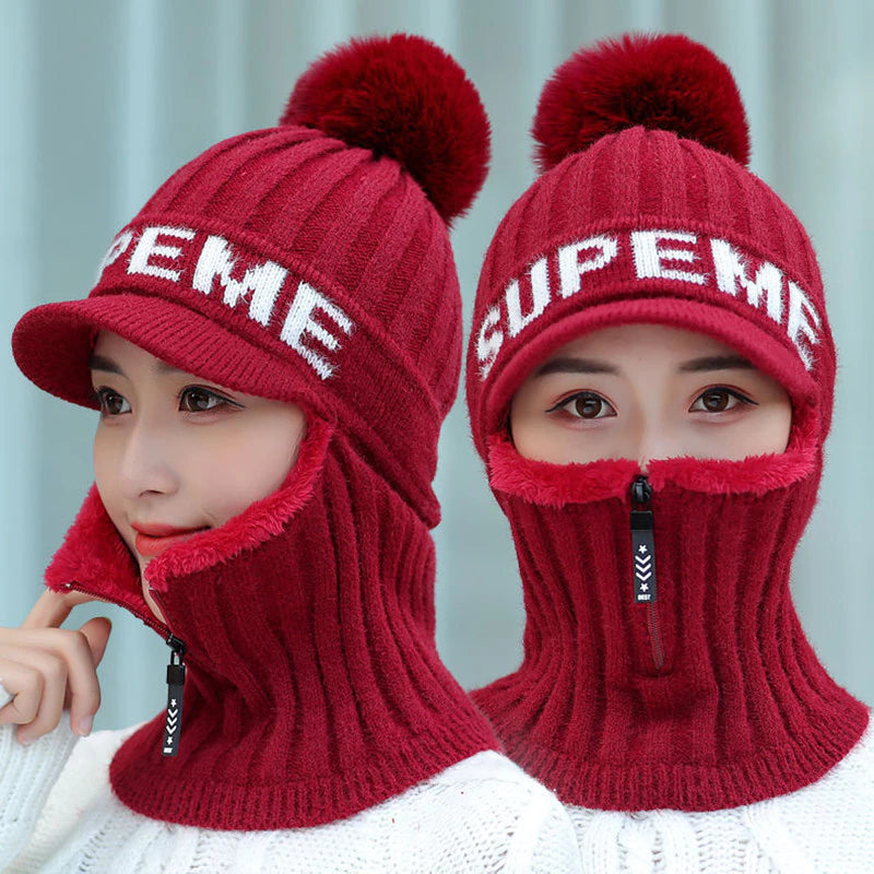 Winter Warm Plus Velvet Padded Head Hat - Thick Warm Women's Letter Knitting Skullies Cap