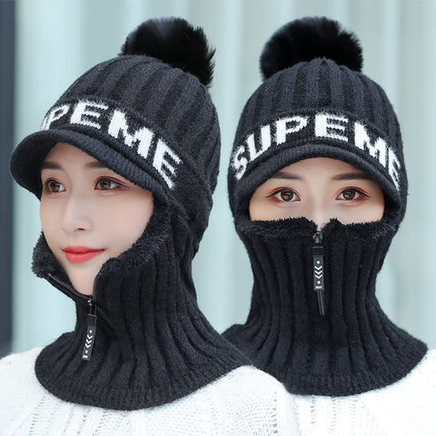 Winter Warm Plus Velvet Padded Head Hat - Thick Warm Women's Letter Knitting Skullies Cap