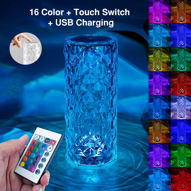 Crystal Table Lamp Rose Light Projector 3/16 Colors Adjustable Romantic Diamond Atmosphere Light USB Bedroom Touch Night Light