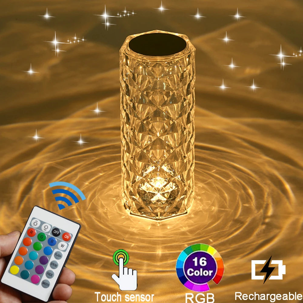 Crystal Table Lamp Rose Light Projector 3/16 Colors Adjustable Romantic Diamond Atmosphere Light USB Bedroom Touch Night Light
