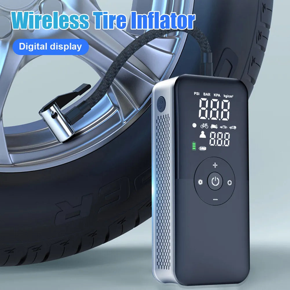 Car Air Compressor Portable Tire Inflator Rechargeable Wireless Inflatable Pump with LED for Motor, Motorcycle Bicycle Tyre Balls and Power Bank