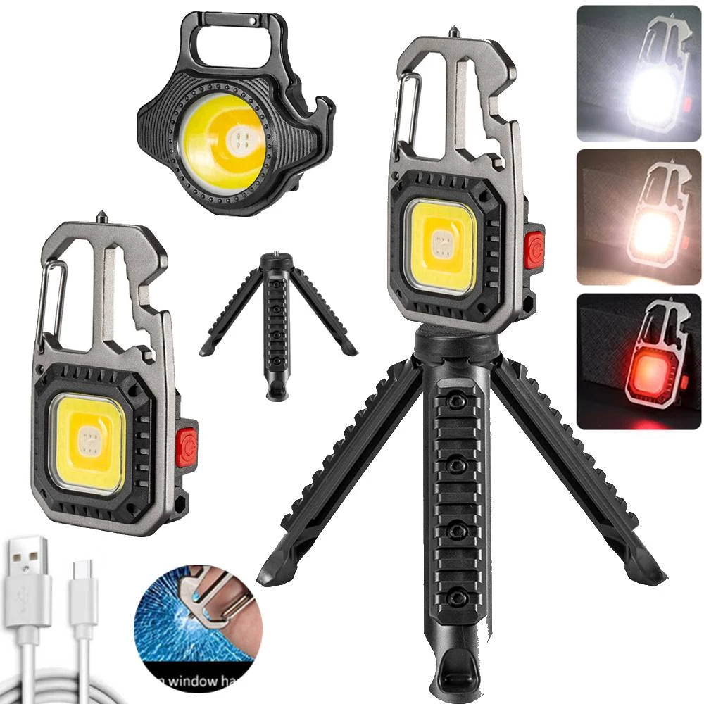 6 in 1 Multi-function COB LED Flashlight Outdoor USB C Rechargeable Keychain Light Hook Strong Magnet Screwdriver Hammer Emergency Lamp
