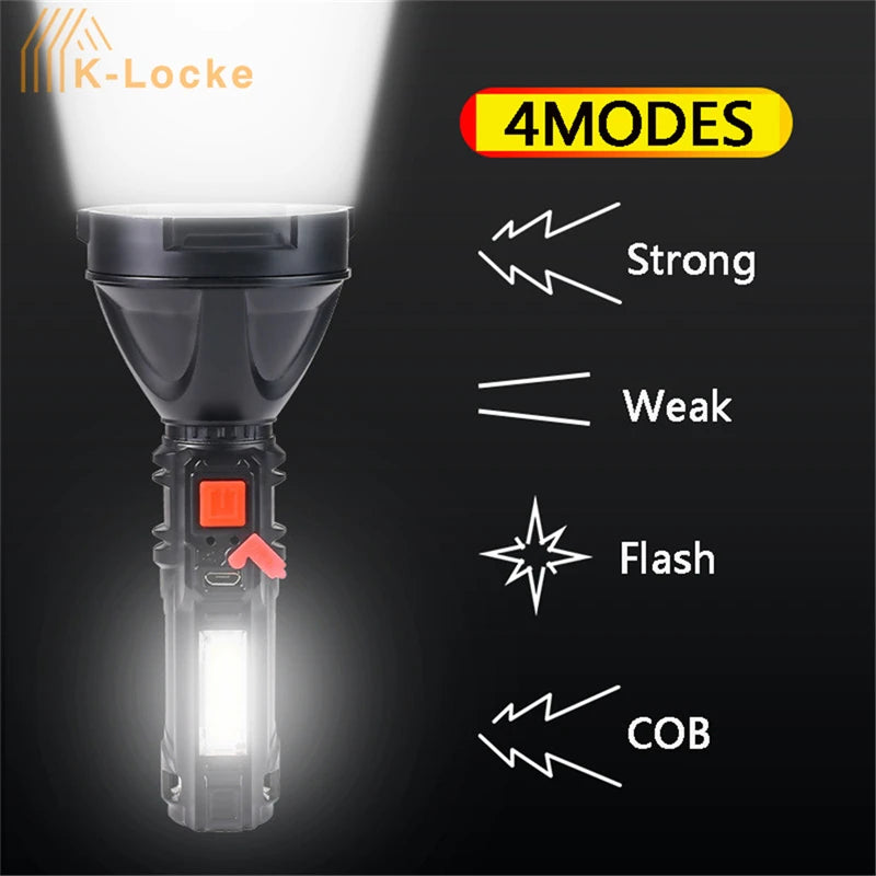 New Portable LED Strong Light Flashlight With Built-in Battery Usb Rechargeable 4 Modes COB For Home outdoor Work Light