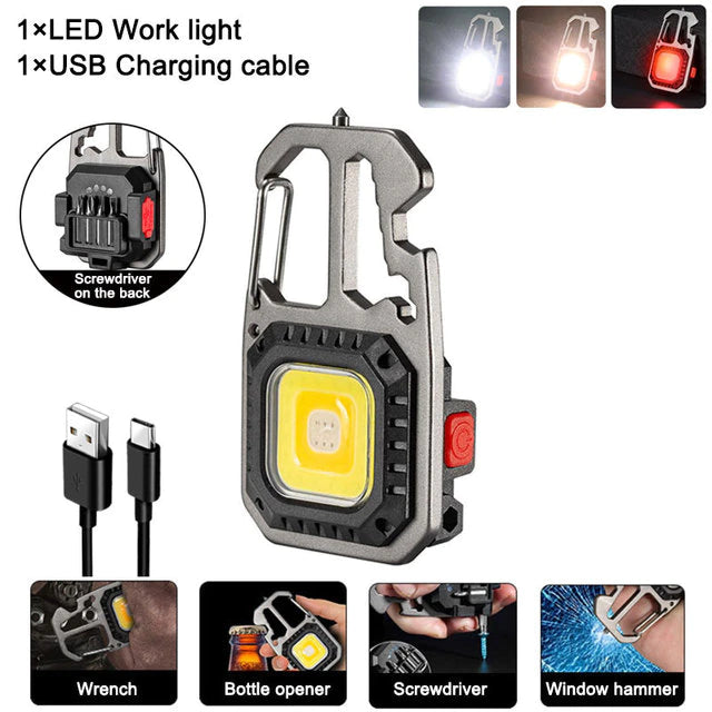 6 in 1 Multi-function COB LED Flashlight Outdoor USB C Rechargeable Keychain Light Hook Strong Magnet Screwdriver Hammer Emergency Lamp