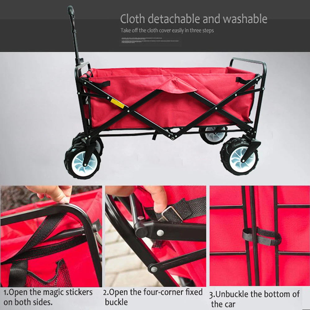 4 Wheel Heavy Duty Folding Bag Garden Trolley Cart Wagon Hand Pull Wheelbarrow Camp Gardening Cart Luggage Cart for Outdoor