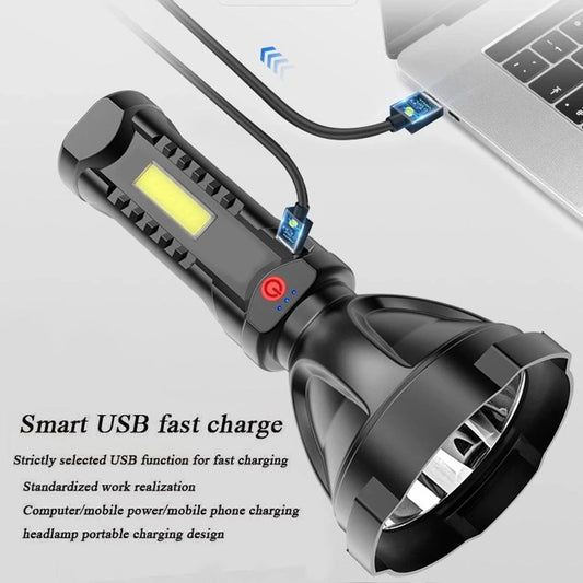 Portable Led Cob Flashlight Built-in 18650 Lithium Battery Waterproof Usb Rechargeable Long Range Torch Work Light