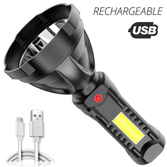 Portable Led Cob Flashlight Built-in 18650 Lithium Battery Waterproof Usb Rechargeable Long Range Torch Work Light