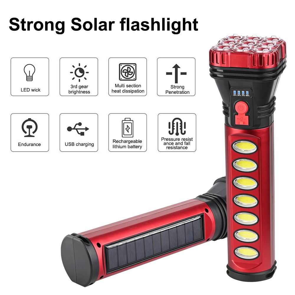 9 LED+COB Solar Torch Flashlight 18 W - USB/Solar Charging Flashlight Built-in Battery Torch with Side Lantern Waterproof