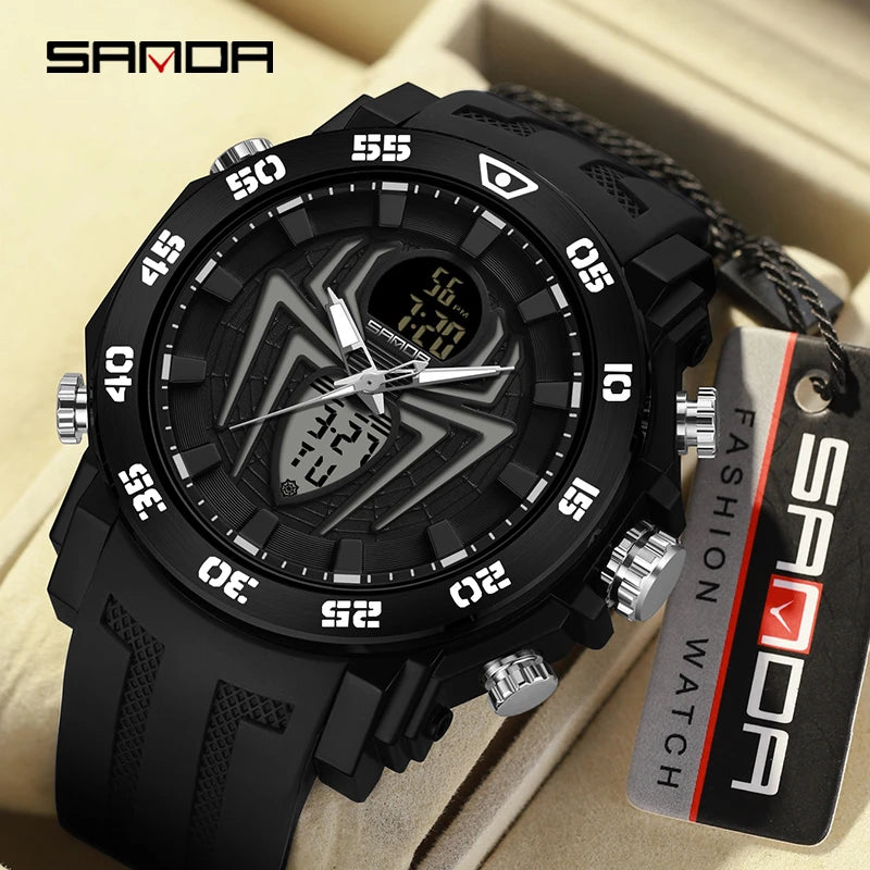 SANDA Men Sports Watches Spider Dial Dual Display Military Waterproof Digital Quartz Watch For Man