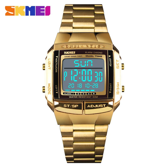 SKMEI Luxury Sports Watch Golden Men's Watch Led Digital Alarm Countdown Steel Male Wrist Watches