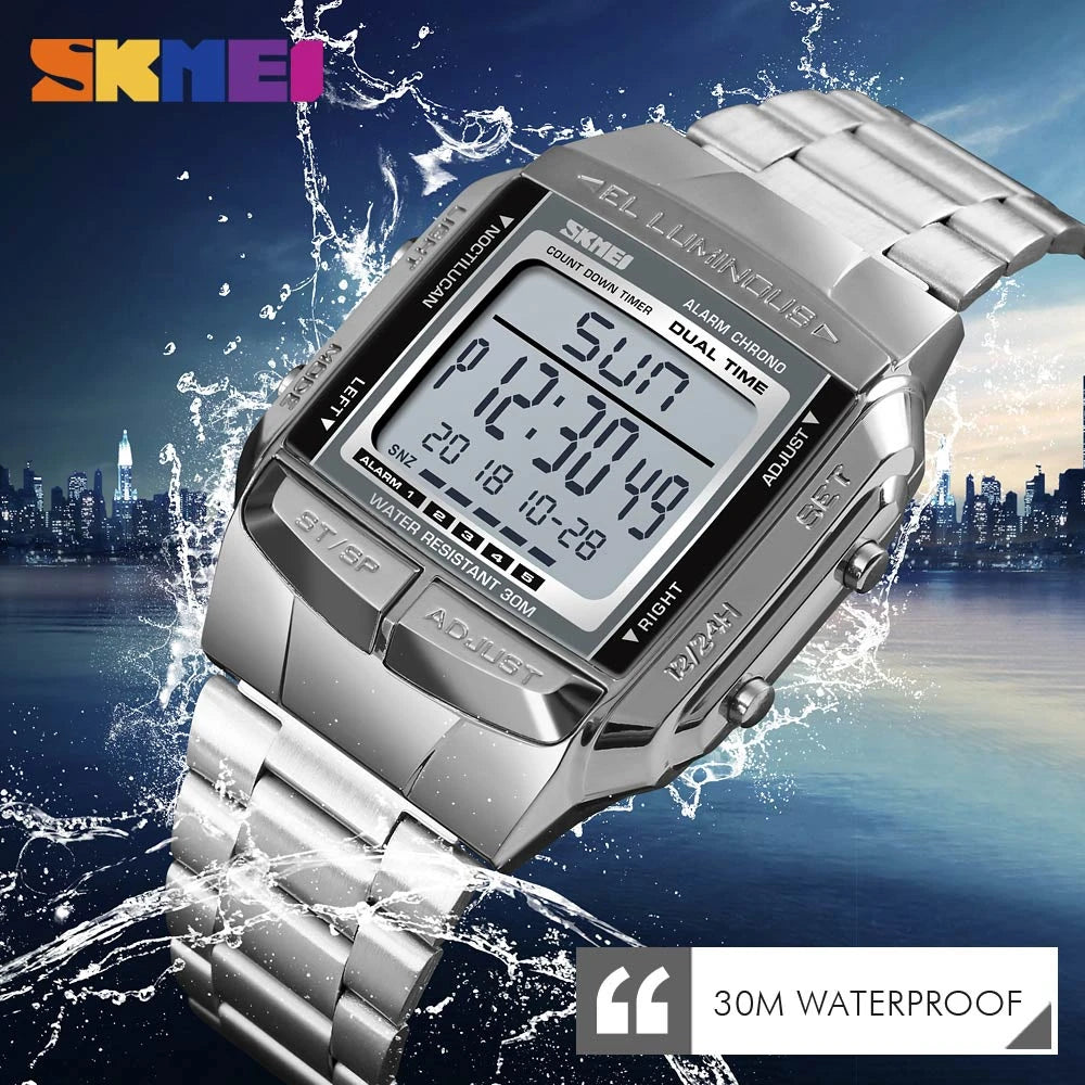 SKMEI Luxury Sports Watch Golden Men's Watch Led Digital Alarm Countdown Steel Male Wrist Watches