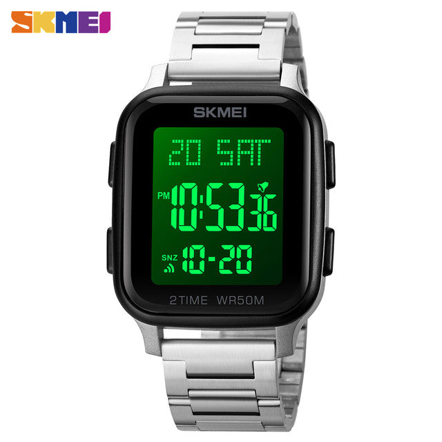 SKMEI Military Chrono Count Down Digital Watch Men's LED Light 5 Bar Waterproof Steel Strap Sport Watches