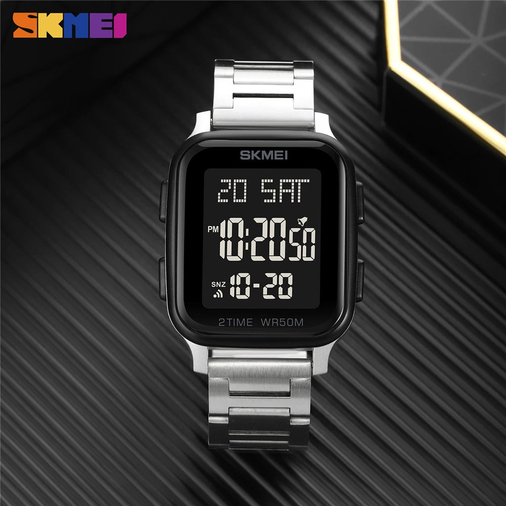 SKMEI Military Chrono Count Down Digital Watch Men's LED Light 5 Bar Waterproof Steel Strap Sport Watches