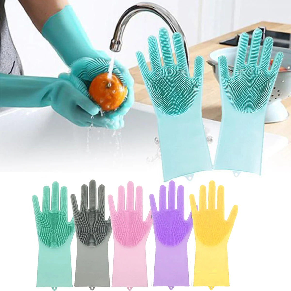 Silicone Dishwashing Gloves Kitchen Cleaning Dish Washing Brushes Rubber Scrub Gloves Food Grade Cleaning Tools