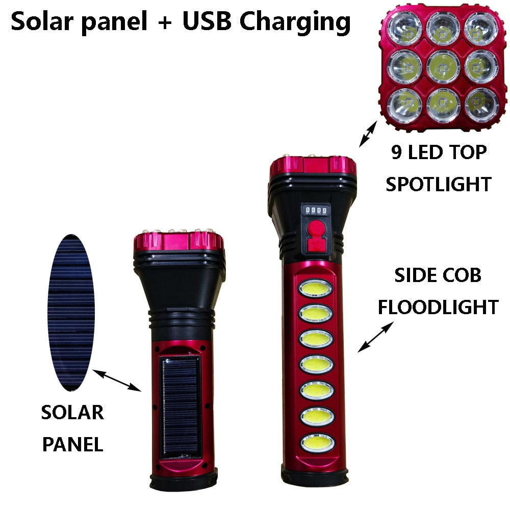 9 LED+COB Solar Torch Flashlight 10 W - USB/Solar Charging Flashlight Built-in Battery Torch with Side Lantern Waterproof