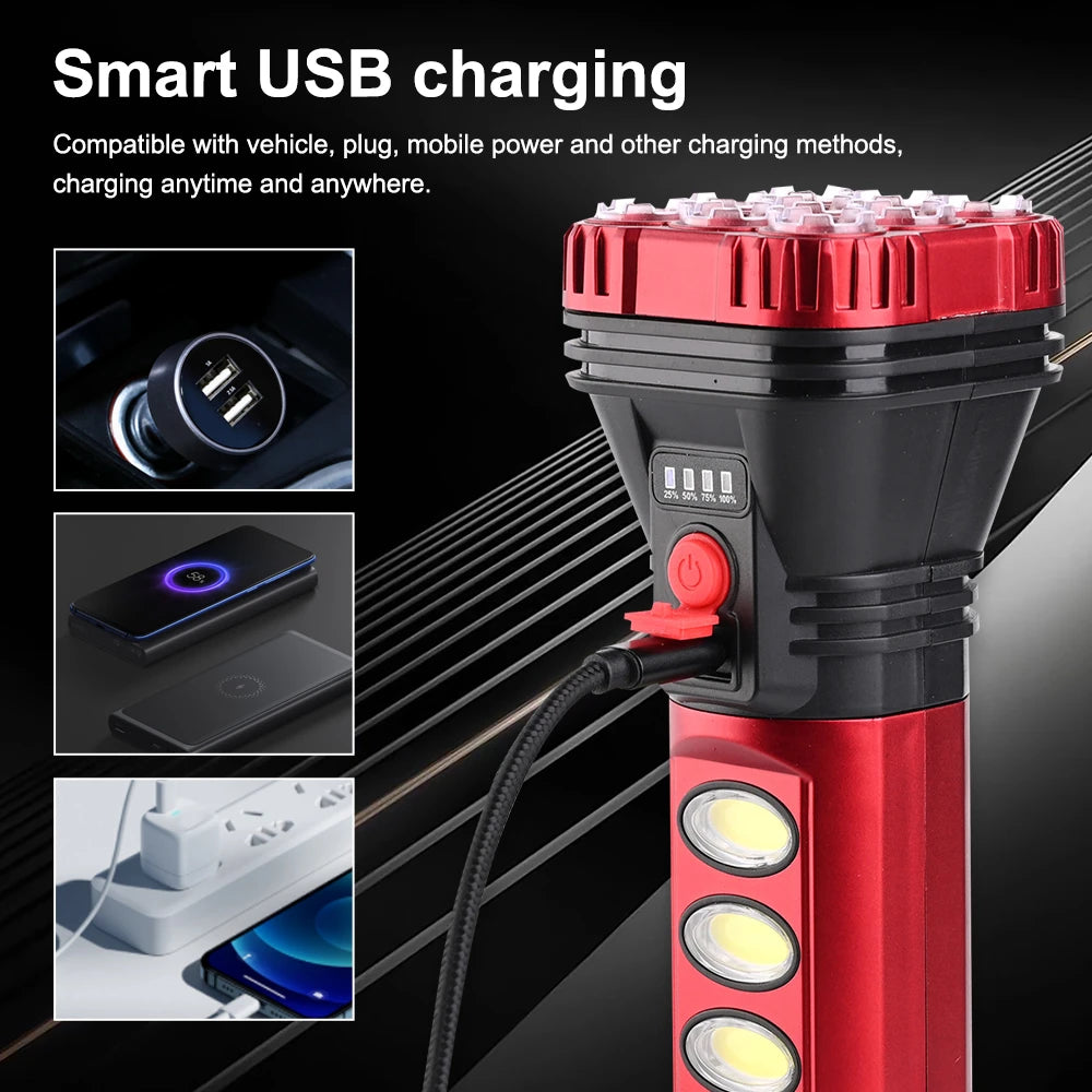 9 LED+COB Solar Torch Flashlight 18 W - USB/Solar Charging Flashlight Built-in Battery Torch with Side Lantern Waterproof