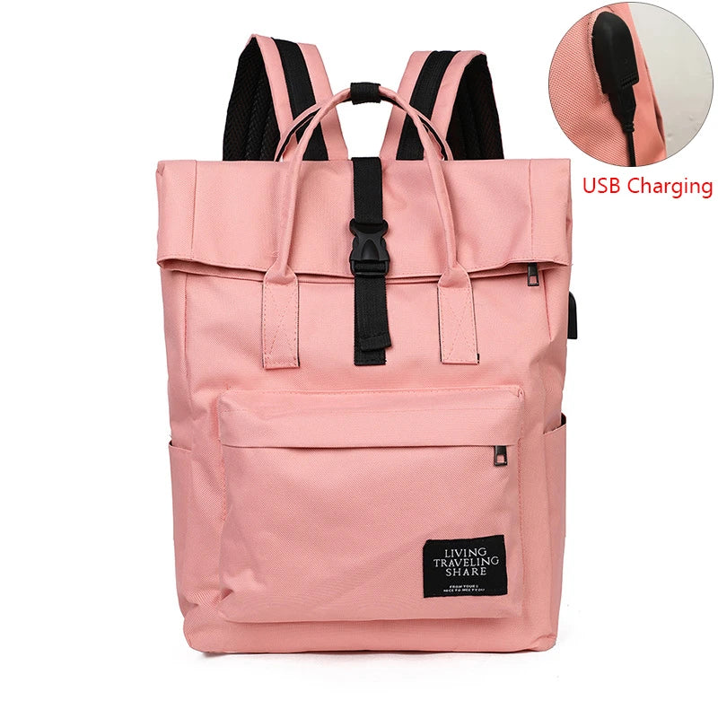 Lady's Leisure Shoulder bag 15 inch Laptop Backpack Woman Canvas Roll Top Travel bag USB Charging Port Schoolbag