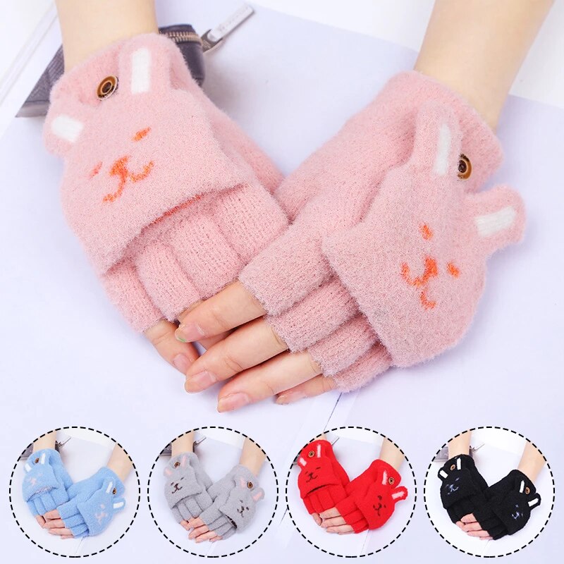 Women Cashmere Half-finger Gloves Autumn Winter Plus Adult Fashion Soft Warm Cartoon Bear Touchscreen Flap Cover Fingerless