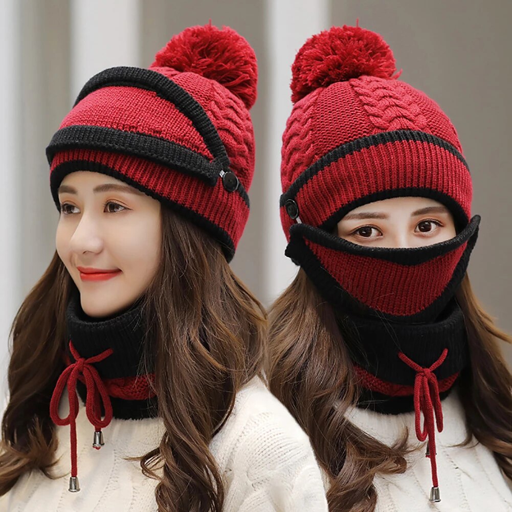 3 PCS Women Winter Warm Scarf Knitted Hat Mask With Filter Set Fashion Women