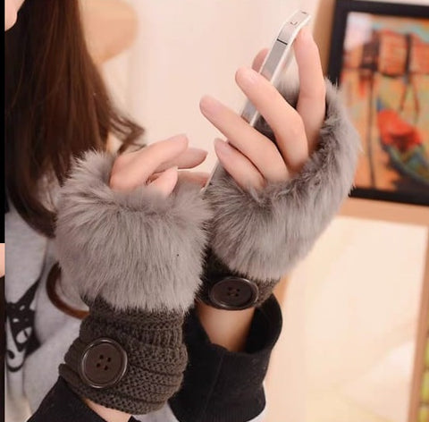 Winter Faux Rabbit Fur Wrist Fingerless Gloves Mittens