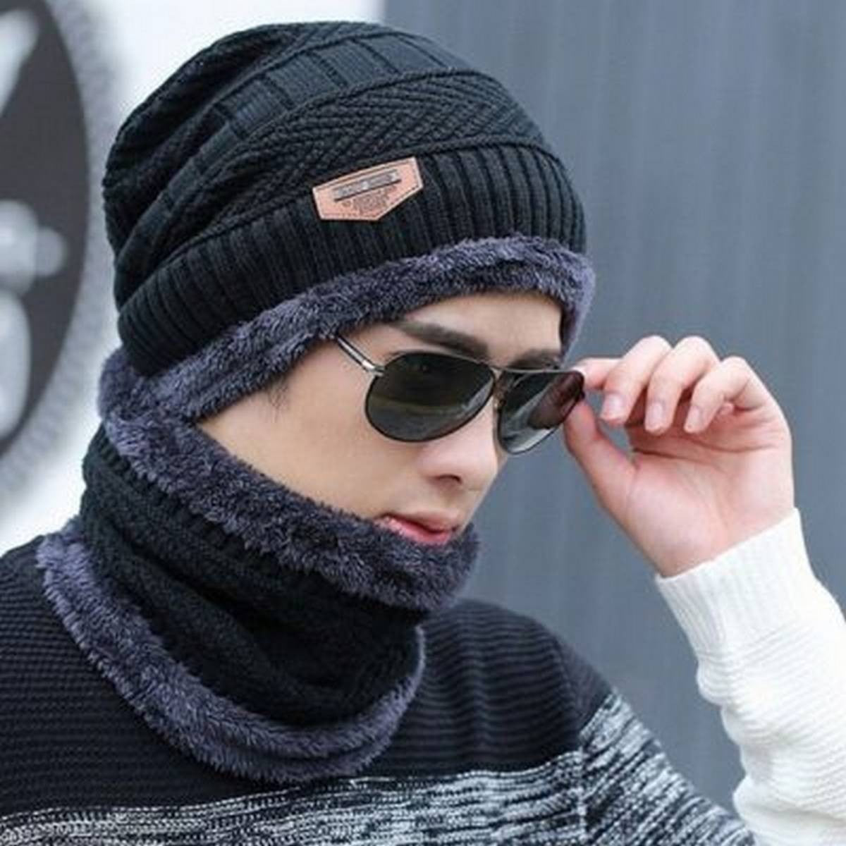 -5° Winter Wool Skull Cap with Neck Scarf Wool Warm -  Man Winter Cap with Mask