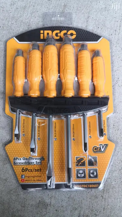 INGCO 6 PC's go-through screwdriver set for Hammering (Magnetic, 3pcs Phillips 3pcs slotted)