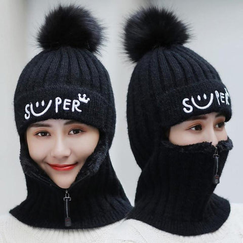 New Fashion Women Winter Cap With Neck - SWOKII Wool Ball Thick Knitted Comfortable Hat