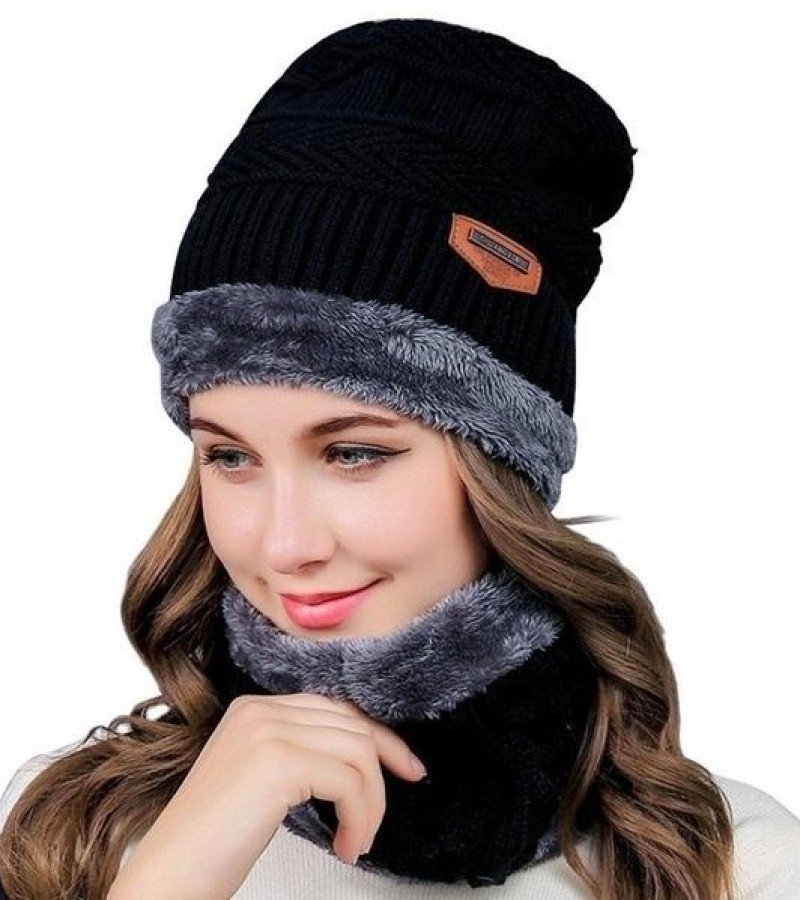 Women Winter Cap with Mask - Winter Knitting Skull Cap with Neck Scarf Wool Warm