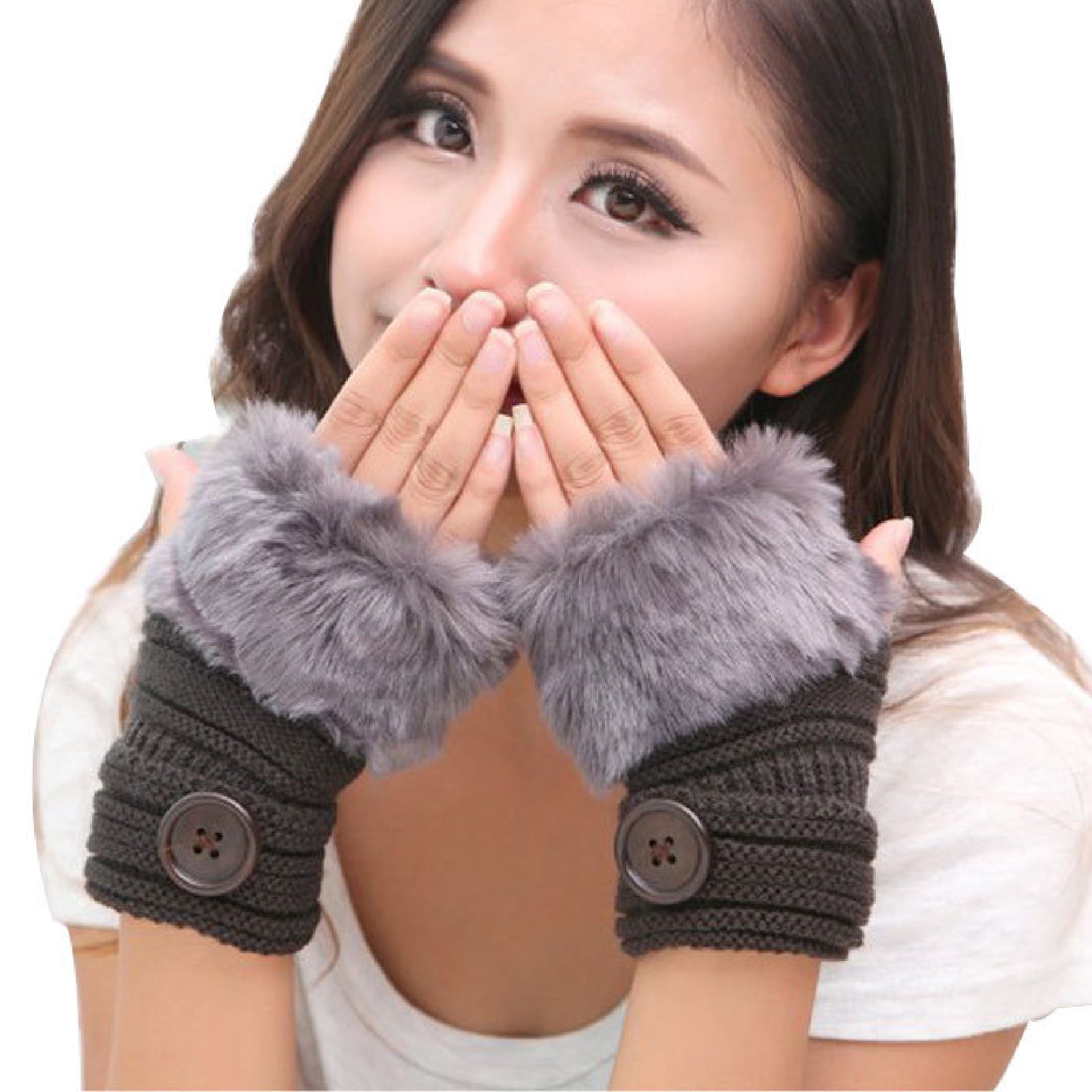 Women Girl Warm Winter Faux Rabbit Fur Wrist Fingerless Gloves Mittens
