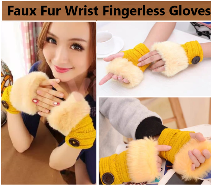 Women Girl Warm Winter Faux Rabbit Fur Wrist Fingerless Gloves Mittens